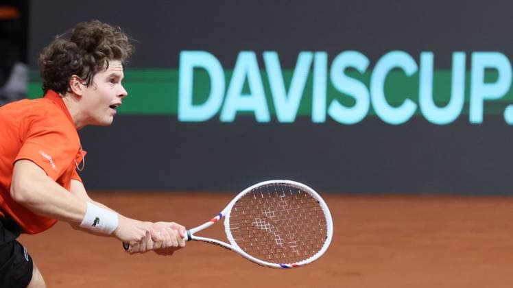 Belgian Alexander Blockx pictured in action during a tennis match against Bulgarian Radulov, during the qualifier of the Davis Cup on Saturday 07 February 2026, in Plovdiv, Bulgaria. Belgium will compete this weekend in the Davis Cup qualifiers against Bulgaria. BENOITxDOPPAGNE  x161771643x