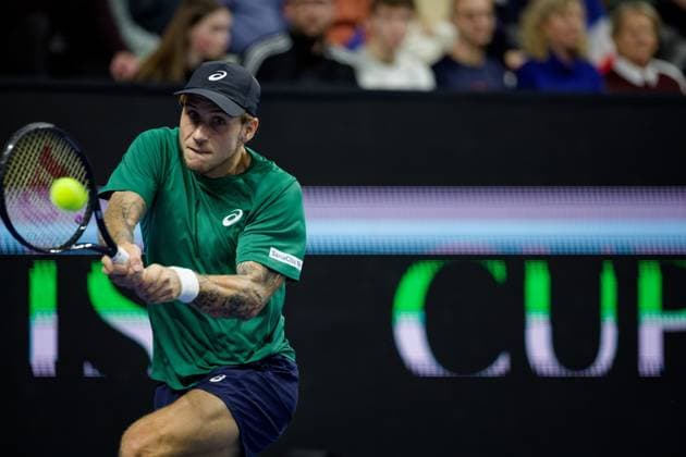 Tennis Coupe Davis - France - Slovaquie au Portel PHOTOPQR VOIX DU NORD JOHAN BEN AZZOUZ ; 07 02 2026 ; Le Portel, le 7 fevrier 2026. Tennis Coupe Davis (premier tour) - France - Slovaquie au chaudron au Portel. Alex Molcan (SVK). PHOTO JOHAN BEN AZZOUZ LA VOIX DU NORD - Le Portel, France, feb 7th 2026. Davis Cup : Francs vs Slovakia - Nord France  Copyright: xPHOTOPQR VOIXxDUxNORD MAXPPPxJOHANxBENxAZZOUZx 20260207VDN5038 20260207VDN5038