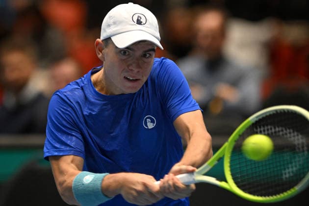 February 7, 2026, Jihlava, Czech Republic: DALIBOR SVRCINA of Czech Republic in action during the 2026 Davis Cup Qualifiers between the Czech Republic and Sweden in Jihlava, Czech Republic. Dalibor Svrcina won 6:1 and 6:3. Jihlava Czech Republic - ZUMAr156 20260207_aap_r156_031 Copyright: xSlavekxRutax