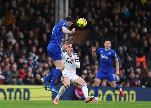 7th February 2026; Craven Cottage, Fulham, London, England; Premier League Football, Fulham versus Everton; Michael Keane of Everton heads the ball over Harry Wilson of Fulham  JohnxPatrickxFletcher