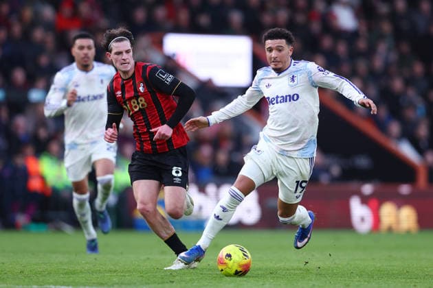 Bournemouth, England, 7th February 2026. Jadon Sancho of Aston Villa with the ball ahead of Alex Scott of Bournemouth during the AFC Bournemouth vs Aston Villa Premier League match at the Vitality Stadium, Bournemouth. Picture credit should read: Paul Terry Sportimage EDITORIAL USE ONLY. No use with unauthorised audio, video, data, fixture lists, club league logos or live services. Online in-match use limited to 120 images, no video emulation. No use in betting, games or single club league player publications. SPI_023_PT_Bournemouth_Villa SPI-4512-0023