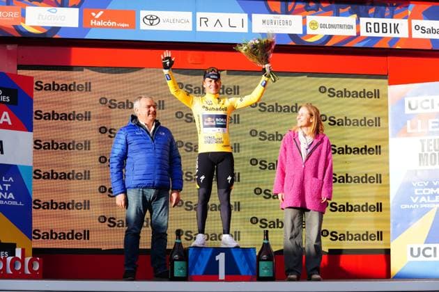 Belgian Remco Evenepoel of Red Bull-BORA-hansgrohe celebrates on the podium after winning stage 4 of the 2026 Volta Comunitat Valenciana, Tour of Valencia cycling race, a race from La Nucia to Teulada Moraira (172,2 km), on Saturday 07 February 2026 in Spain. The race takes place from 4 to 8 February and runs through the three provinces of the Valencian Community. JOMAxGARCIA  x161779621x