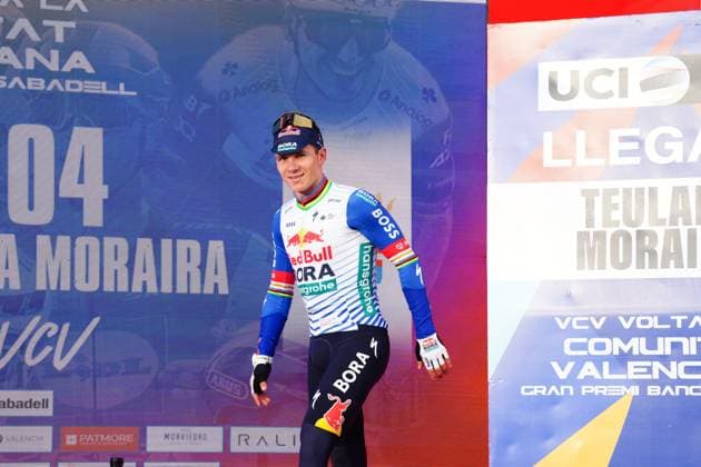 Belgian Remco Evenepoel of Red Bull-BORA-hansgrohe celebrates on the podium after winning stage 4 of the 2026 Volta Comunitat Valenciana, Tour of Valencia cycling race, a race from La Nucia to Teulada Moraira (172,2 km), on Saturday 07 February 2026 in Spain. The race takes place from 4 to 8 February and runs through the three provinces of the Valencian Community. JOMAxGARCIA  x161779629x