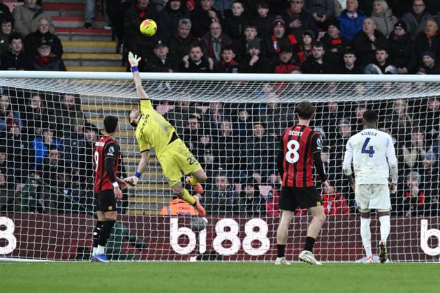 Bournemouth v Aston Villa, Premier League Emiliano Martinez (23) of Aston Villa makes a save from a shot at goal by Ryan Christie (10) of AFC Bournemouth during the Premier League match between Bournemouth and Aston Villa at the Vitality Stadium, Bournemouth, UK on 7 February 2026. Bournemouth Vitality Stadium Dorset UK Editorial use only DataCo restrictions apply See www.football-dataco.com , Copyright: xGrahamxHuntx PSI-23705-0101