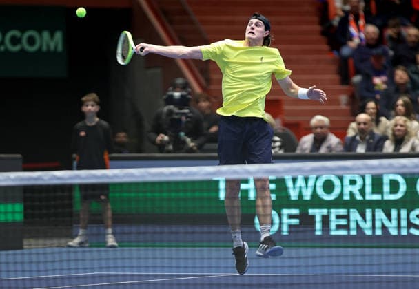 Olle Wallin of Sweden in action during the qualification duel of tennis Davis Cup: Czechia vs Sweden in Jihlava, Czech Republic, February 7, 2026. (CTKxPhoto LiborxPlihal) CTKPhotoP2026020705170  CTKPhotoP2026020705170