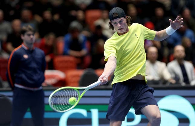 Olle Wallin of Sweden in action during the qualification duel of tennis Davis Cup: Czechia vs Sweden in Jihlava, Czech Republic, February 7, 2026. (CTKxPhoto LiborxPlihal) CTKPhotoP2026020705512  CTKPhotoP2026020705512