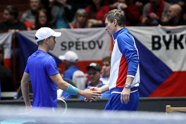 Czech Dalibor Svrcina, left, shake hands with captain Tomas Berdych during the qualification duel of tennis Davis Cup: Czechia vs Sweden in Jihlava, Czech Republic, February 7, 2026. (CTKxPhoto LiborxPlihal) CTKPhotoP2026020705640  CTKPhotoP2026020705640