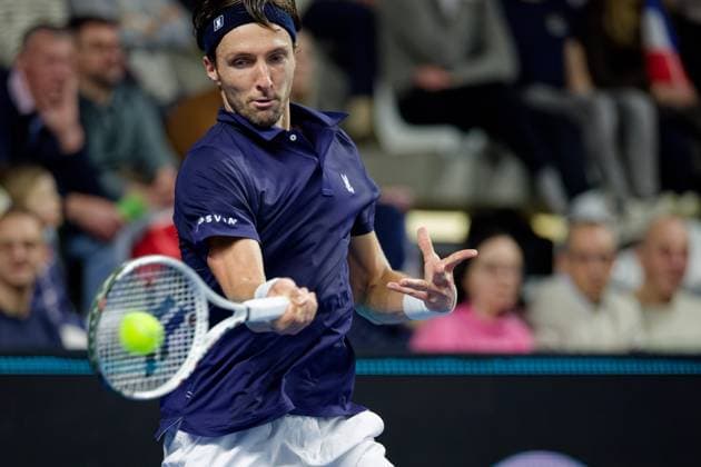 Tennis Coupe Davis - France - Slovaquie au Portel PHOTOPQR VOIX DU NORD JOHAN BEN AZZOUZ ; 07 02 2026 ; Le Portel, le 7 fevrier 2026. Tennis Coupe Davis (premier tour) - France - Slovaquie au chaudron au Portel. Arthur Rinderknech (FRA). PHOTO JOHAN BEN AZZOUZ LA VOIX DU NORD - Le Portel, France, feb 7th 2026. Davis Cup : Francs vs Slovakia - Nord France  Copyright: xPHOTOPQR VOIXxDUxNORD MAXPPPxJOHANxBENxAZZOUZx 20260207VDN5458 20260207VDN5458