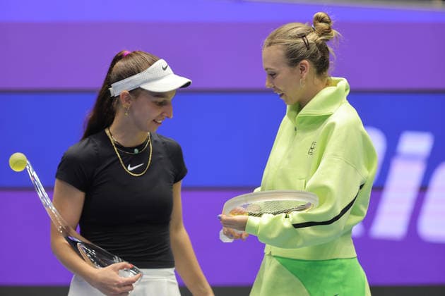 The second placed Tamara Korpatsch (GER) and winner Katie Boulter (UK) pose after their match within the WTA, Tennis Damen women s tennis tournament Ostrava Open in Ostrava, Czech Republic, February 7, 2026. (CTKxPhoto PetrxSznapka) CTKPhotoP2026020706491  CTKPhotoP2026020706491