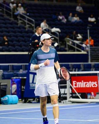 February 7, 2026, Frisco, Texas, USA: Southern Methodist University men s tennis player ALEX FINKELSTEIN celebrates scoring a point during the first match of the Dallas Open qualifying session. Tristan Boyer beat Alex Finkelstein 6:4 and 6:2. Frisco USA - ZUMAm348 20260207_znp_m348_008 Copyright: xLuisxRevillaxMatax