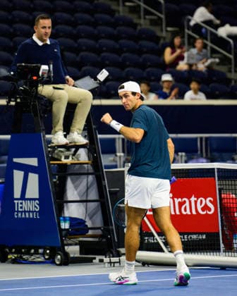 February 7, 2026, Frisco, Texas, USA: 7th seed TRISTAN BOYER celebrates scoring a point during the first match of the Dallas Open qualifying session. Tristan Boyer beat Alex Finkelstein 6:4 and 6:2. Frisco USA - ZUMAm348 20260207_znp_m348_013 Copyright: xLuisxRevillaxMatax