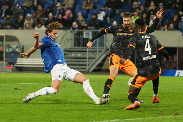 FBL Germany 2 Bundesliga SV Darmstadt 98 1 FC Kaiserslautern Fynn Luca Lakenmacher SV Darmstadt 98 scores the goal to 2 0, Atanas Chernev 1 FC Kaiserslautern , Maxwell Gyamfi 1 FC Kaiserslautern during the 2 Bundesliga 2025 26 match between SV Darmstadt 98 and 1 FC Kaiserslautern at Merckstadion am Böllenfalltor on 7 February 2026 in Darmstadt, Germany DFL DFB REGULATIONS PROHIBIT ANY USE OF PHOTOGRAPHS as IMAGE SEQUENCES and or QUASI VIDEO Copyright: JoaquimxFerreira