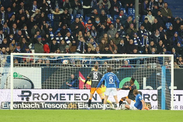 07 02 2026, xrekx, Soccer 2 Bundesliga, SV Darmstadt 98 1 FC Kaiserslautern v l Goal shot to 2 0 by Fynn Lakenmacher SV Darmstadt 98 Julian Krahl 1 FC Kaiserslautern DFL DFB REGULATIONS PROHIBIT ANY USE OF PHOTOGRAPHS as IMAGE SEQUENCES and or QUASI VIDEO Darmstadt