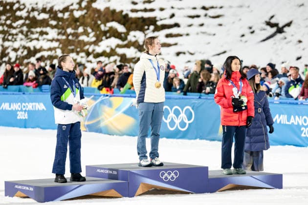 OLYMPICS - Winter Olympic Games, Olympische Spiele, Olympia, OS Milano Cortina 2026 VAL DI FIEMME,ITALY,07.FEB.26 - OLYMPICS, Ski jumping, Skispringen, Ski, nordisch - Winter Olympic Games Milano Cortina 2026, individual, normal hill, women. Image shows Nika Prevc (SLO), Anna Odine Stroem (NOR) and Nozomi Maruyama (JPN).  GEPAxpictures xMatthiasxTrinkl