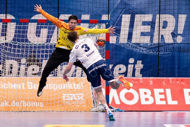 7 meters held by Marvin Siemer, 1 VFL Potsdam, 03 , HBW Balingen Weilstetten vs 1 VFL Potsdam, Handball, 2 Bundesliga, Matchday 18, Season 2025 2026, 07 02 2026 Eibner Pressefoto Andreas Ulmer HBW Balingen Weilstetten vs 1 VFL Potsdam, Handball, 2 Bundesliga, Matchday 18, Season 2025 2026, 07 02 2026 Balingen Copyright: xEibner-Pressefoto AndreasxUlmerx EP_AUR