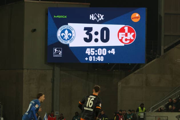 FBL Germany 2 Bundesliga SV Darmstadt 98 1 FC Kaiserslautern scoreboard at halftime 3 0 during the 2 Bundesliga 2025 26 match between SV Darmstadt 98 and 1 FC Kaiserslautern at Merckstadion am Böllenfalltor on 7 February 2026 in Darmstadt, Germany DFL DFB REGULATIONS PROHIBIT ANY USE OF PHOTOGRAPHS as IMAGE SEQUENCES and or QUASI VIDEO Copyright: JoaquimxFerreira