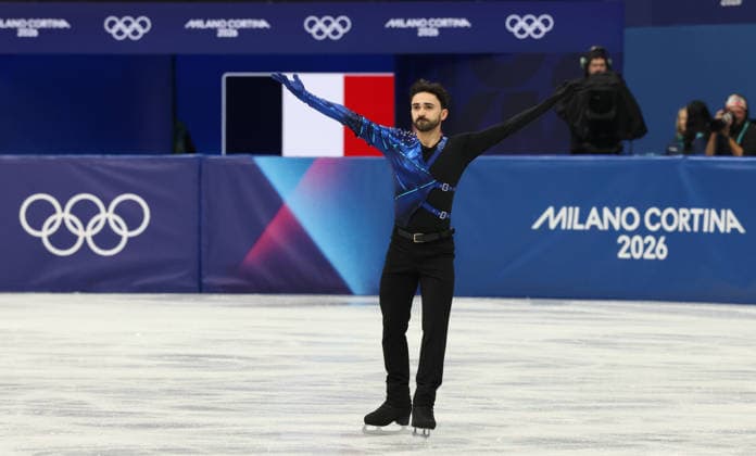 February 7, 2026, Milan, Lombardy, Italy: KEVIN AYMOZ of France reacts to his performance in the Men s Single Short Program of the Figure skating, Eiskunstlauf Team Event at the Milano Cortina 2026 Winter Olympic Games, Olympische Spiele, Olympia, OS Milan Italy - ZUMAc179 20260207_oly_c179_014 Copyright: xMickaelxChavetx