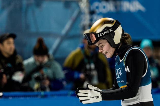 PREDAZZO, ITALY - FEBRUARY 7: Anna Odine Stroem (Norway) happy after winning Gold during the Ski jumping, Skispringen, Ski, nordisch Women s Normal Hill Individual at the Milano Cortina 2026 Olympics at Predazzo Ski Jumping Stadium on day 2 of the Milano Cortina 2026 Olympics on February 7, 2026 in Predazzo, Italy. Editorial use only. Trentino-Suedtirol Italy Copyright: xSteffiexWunderlx