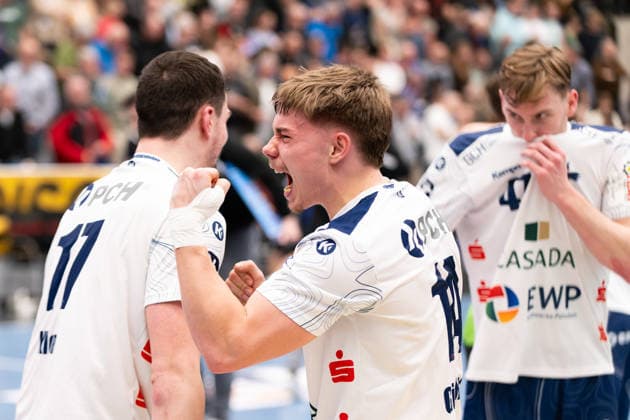 Max Guenther, 1 VFL Potsdam, 14 , celebrates the victory, HBW Balingen Weilstetten vs 1 VFL Potsdam, Handball, 2 Bundesliga, Matchday 18, Season 2025 2026, 07 02 2026 Eibner Pressefoto Andreas Ulmer HBW Balingen Weilstetten vs 1 VFL Potsdam, Handball, 2 Bundesliga, Matchday 18, Season 2025 2026, 07 02 2026 Balingen Copyright: xEibner-Pressefoto AndreasxUlmerx EP_AUR