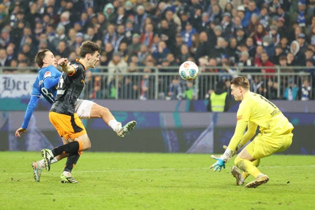 07 02 2026, xrekx, Soccer 2 Bundesliga, SV Darmstadt 98 1 FC Kaiserslautern v l Goal kick to 4 0 by Luca Marseiler SV Darmstadt 98 Jacob Rasmussen 1 FC Kaiserslautern Julian Krahl 1 FC Kaiserslautern DFL DFB REGULATIONS PROHIBIT ANY USE OF PHOTOGRAPHS as IMAGE SEQUENCES and or QUASI VIDEO Darmstadt