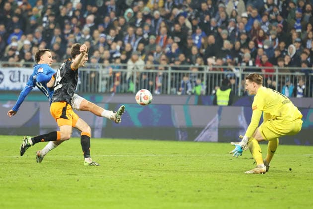 07 02 2026, xrekx, Soccer 2 Bundesliga, SV Darmstadt 98 1 FC Kaiserslautern v l Goal kick to 4 0 by Luca Marseiler SV Darmstadt 98 Jacob Rasmussen 1 FC Kaiserslautern Julian Krahl 1 FC Kaiserslautern DFL DFB REGULATIONS PROHIBIT ANY USE OF PHOTOGRAPHS as IMAGE SEQUENCES and or QUASI VIDEO Darmstadt