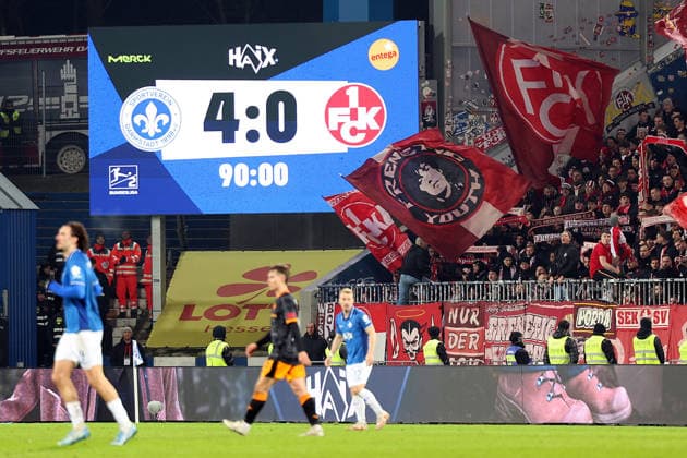 07 02 2026, xrekx, Soccer 2 Bundesliga, SV Darmstadt 98 1 FC Kaiserslautern v l End of Match Scoreboard, Videowall, Scoreboard, Info, Advertising Final Score 4 0 DFL DFB REGULATIONS PROHIBIT ANY USE OF PHOTOGRAPHS as IMAGE SEQUENCES and or QUASI VIDEO Darmstadt