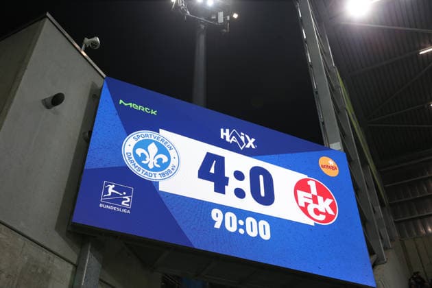 07 02 2026, xrekx, Soccer 2 Bundesliga, SV Darmstadt 98 1 FC Kaiserslautern v l End of Match Scoreboard, Videowall, Scoreboard, Info, Advertising Final Score 4 0 DFL DFB REGULATIONS PROHIBIT ANY USE OF PHOTOGRAPHS as IMAGE SEQUENCES and or QUASI VIDEO Darmstadt