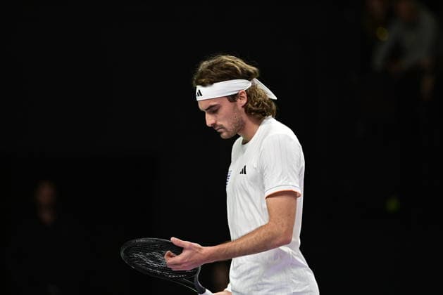 Davis Cup 2026 - Stefanos Tsitsipas of Greece in action against Rodrigo Pacheco Mendez of Mexico during the Davis Cup World Group 1st Round tennis match between Greece and Mexico held in Taekwondo Faliro Olympic Center, Athens, Greece, 7 February 2026. IMAGO ONE INCH PRODUCTIONS ATHENS Greece Copyright: xONExINCHxPRODUCTIONSx 6842303