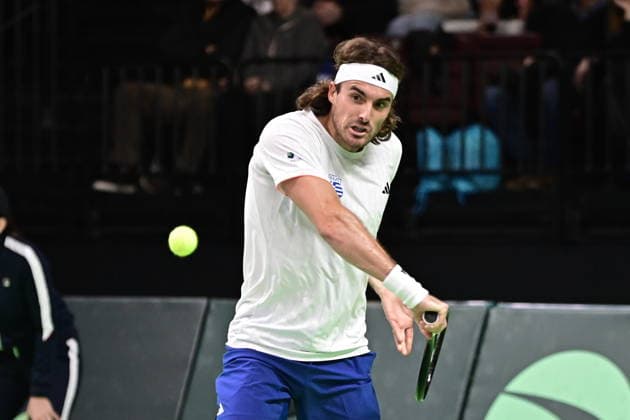 Davis Cup 2026 - Stefanos Tsitsipas of Greece in action against Rodrigo Pacheco Mendez of Mexico during the Davis Cup World Group 1st Round tennis match between Greece and Mexico held in Taekwondo Faliro Olympic Center, Athens, Greece, 7 February 2026. IMAGO ONE INCH PRODUCTIONS ATHENS Greece Copyright: xONExINCHxPRODUCTIONSx 6842204