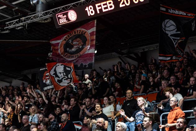 GER, easy Credit Basketball Bundesliga, Niners Chemnitz Syntainics MBC 07 02 2026, Messe, Chemnitz, GER, easy Credit Basketball Bundesliga, Niners Chemnitz Syntainics MBC Fans of the Niners Chemnitz Photo Alexander Trienitz Chemnitz Messe Sachsen Germany