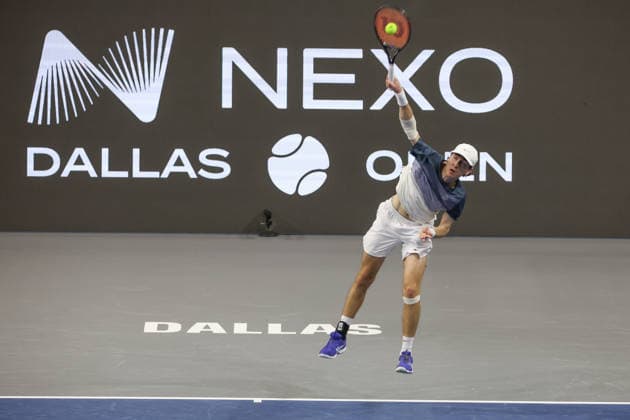 FRISCO, TX - FEBRUARY 07: Alex Finkelstein (USA) serves during qualifying for the Nexo Dallas Open on February 7, 2026 at the Ford Center at The Star in Frisco, TX. (Photo by George Walker Icon Sportswire) TENNIS: FEB 07 Dallas Open EDITORIAL USE ONLY Icon260207001