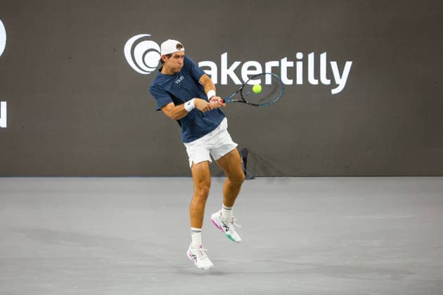 FRISCO, TX - FEBRUARY 07: Tristan Boyer (USA) hits a backhand during qualifying for the Nexo Dallas Open on February 7, 2026 at the Ford Center at The Star in Frisco, TX. (Photo by George Walker Icon Sportswire) TENNIS: FEB 07 Dallas Open EDITORIAL USE ONLY Icon260207006
