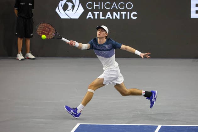 FRISCO, TX - FEBRUARY 07: Alex Finkelstein (USA) hits a forehand during qualifying for the Nexo Dallas Open on February 7, 2026 at the Ford Center at The Star in Frisco, TX. (Photo by George Walker Icon Sportswire) TENNIS: FEB 07 Dallas Open EDITORIAL USE ONLY Icon260207007