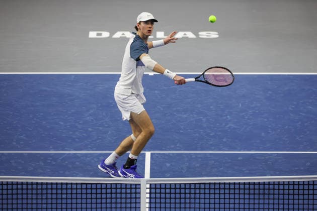 FRISCO, TX - FEBRUARY 07: Alex Finkelstein (USA) hits a volley during qualifying for the Nexo Dallas Open on February 7, 2026 at the Ford Center at The Star in Frisco, TX. (Photo by George Walker Icon Sportswire) TENNIS: FEB 07 Dallas Open EDITORIAL USE ONLY Icon260207008