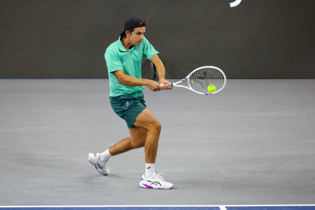 FRISCO, TX - FEBRUARY 07: Zachary Svajda (USA) hits a backhand during qualifying for the Nexo Dallas Open on February 7, 2026 at the Ford Center at The Star in Frisco, TX. (Photo by George Walker Icon Sportswire) TENNIS: FEB 07 Dallas Open EDITORIAL USE ONLY Icon260207011