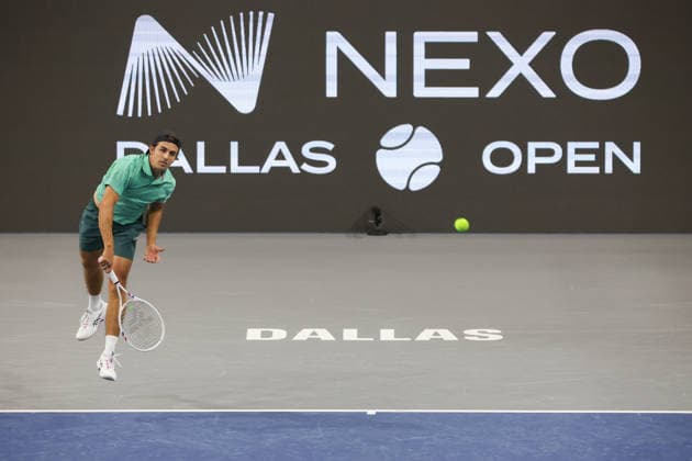 FRISCO, TX - FEBRUARY 07: Zachary Svajda (USA) serves during qualifying for the Nexo Dallas Open on February 7, 2026 at the Ford Center at The Star in Frisco, TX. (Photo by George Walker Icon Sportswire) TENNIS: FEB 07 Dallas Open EDITORIAL USE ONLY Icon260207012