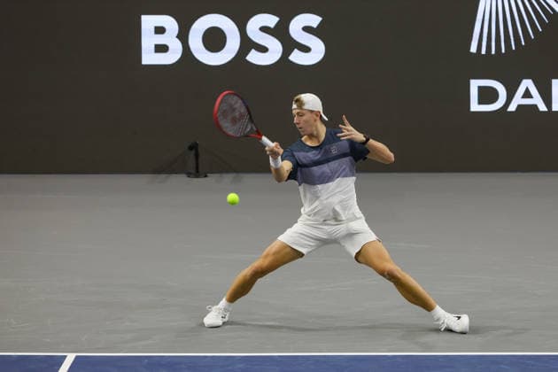 FRISCO, TX - FEBRUARY 07: Georgi Georgiev (BUL) hits a forehand during qualifying for the Nexo Dallas Open on February 7, 2026 at the Ford Center at The Star in Frisco, TX. (Photo by George Walker Icon Sportswire) TENNIS: FEB 07 Dallas Open EDITORIAL USE ONLY Icon260207013