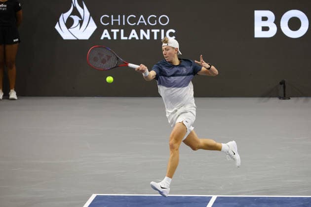 FRISCO, TX - FEBRUARY 07: Georgi Georgiev (BUL) hits a forehand during qualifying for the Nexo Dallas Open on February 7, 2026 at the Ford Center at The Star in Frisco, TX. (Photo by George Walker Icon Sportswire) TENNIS: FEB 07 Dallas Open EDITORIAL USE ONLY Icon260207015