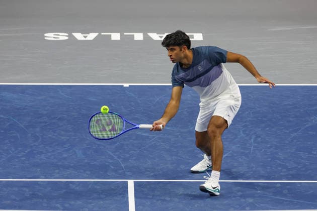 FRISCO, TX - FEBRUARY 07: Krish Arora (USA) hits a volley during qualifying for the Nexo Dallas Open on February 7, 2026 at the Ford Center at The Star in Frisco, TX. (Photo by George Walker Icon Sportswire) TENNIS: FEB 07 Dallas Open EDITORIAL USE ONLY Icon260207016