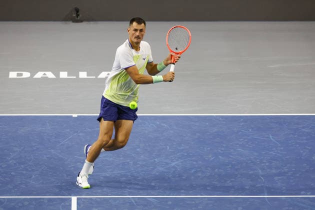 FRISCO, TX - FEBRUARY 07: Bernard Tomic (AUS) hits a volley during qualifying for the Nexo Dallas Open on February 7, 2026 at the Ford Center at The Star in Frisco, TX. (Photo by George Walker Icon Sportswire) TENNIS: FEB 07 Dallas Open EDITORIAL USE ONLY Icon260207017