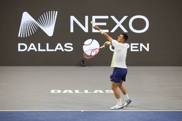 FRISCO, TX - FEBRUARY 07: Bernard Tomic (AUS) serves during qualifying for the Nexo Dallas Open on February 7, 2026 at the Ford Center at The Star in Frisco, TX. (Photo by George Walker Icon Sportswire) TENNIS: FEB 07 Dallas Open EDITORIAL USE ONLY Icon260207018