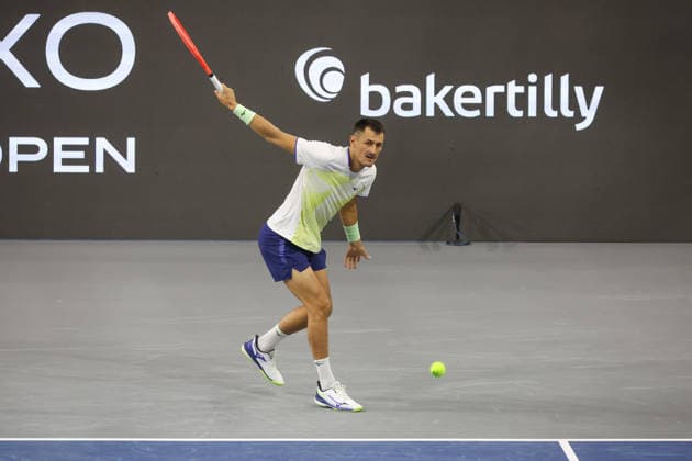 FRISCO, TX - FEBRUARY 07: Bernard Tomic (AUS) hits a backhand during qualifying for the Nexo Dallas Open on February 7, 2026 at the Ford Center at The Star in Frisco, TX. (Photo by George Walker Icon Sportswire) TENNIS: FEB 07 Dallas Open EDITORIAL USE ONLY Icon260207019
