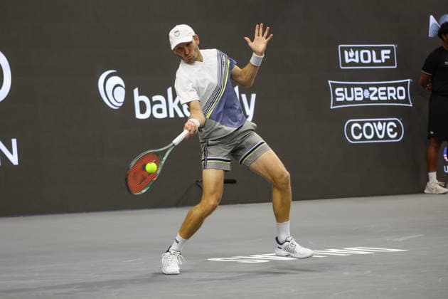 FRISCO, TX - FEBRUARY 07: Mitchell Krueger (USA) hits a forehand during qualifying for the Nexo Dallas Open on February 7, 2026 at the Ford Center at The Star in Frisco, TX. (Photo by George Walker Icon Sportswire) TENNIS: FEB 07 Dallas Open EDITORIAL USE ONLY Icon260207021