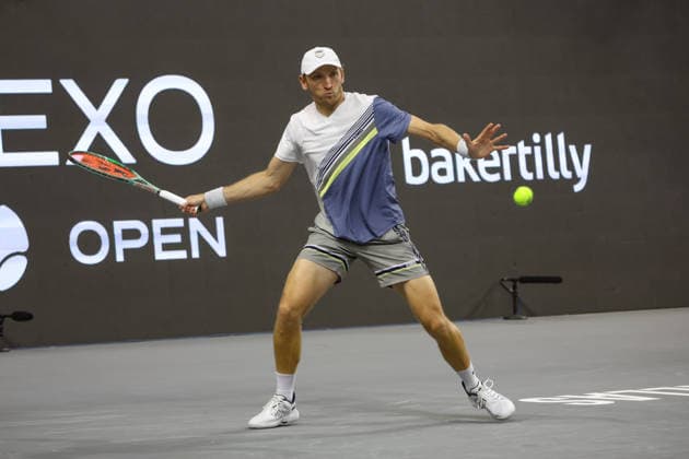 FRISCO, TX - FEBRUARY 07: Mitchell Krueger (USA) hits a forehand during qualifying for the Nexo Dallas Open on February 7, 2026 at the Ford Center at The Star in Frisco, TX. (Photo by George Walker Icon Sportswire) TENNIS: FEB 07 Dallas Open EDITORIAL USE ONLY Icon260207022