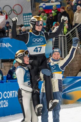 Ski jumping, Skispringen, Ski, nordisch - Milano Cortina 2026 Winter Olympics Day 1 Eirin Maria Kvandal of Norway, Anna Odine Stroem of Norway, Silje Opseth of Norway celebrate on day one of the Milano Cortina 2026 Winter Olympic Games, Olympische Spiele, Olympia, OS at Predazzo Ski Jumping Stadium on February 7, 2026 in Val di Fiemme, Italy. Predazzo Italy  Copyright: xAndrzejxIwanczukx originalFilename:iwanczuk-skijumpi260208_npWHi.jpg