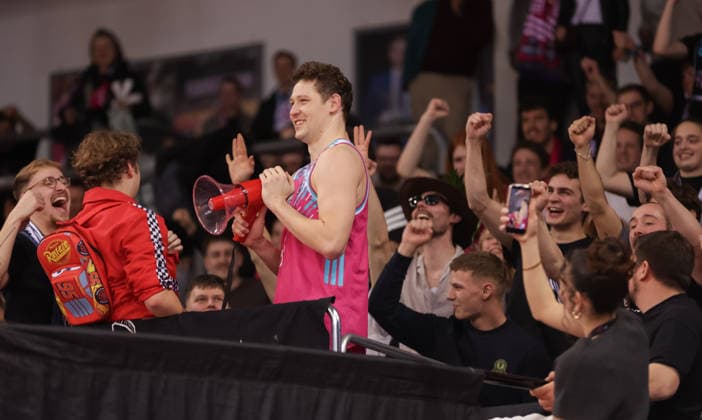 Patrick Heckmann Bonn stands in the fan block after the game, Telekom Baskets Bonn vs Science City Jena, easyCredit BBL, Matchday 19, Telekom Dome Bonn, 07 02 2026
