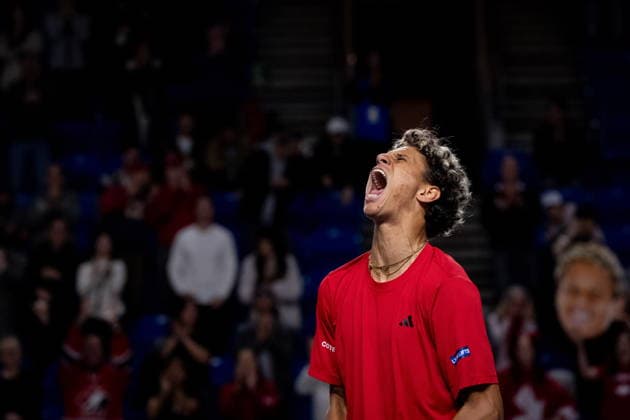 February 7, 2026, Vancouver, Bc, CANADA: Canada s Gabriel Diallo celebrates after defeating Brazil s Matheus Pucinelli de Almeida during the third set of a Davis Cup Qualifiers tennis singles match in Vancouver, on Saturday, Feb. 7, 2026. Canada News - February 7, 2026  - ZUMAc35_ 20260207_zaf_c35_258 Copyright: xEthanxCairnsx