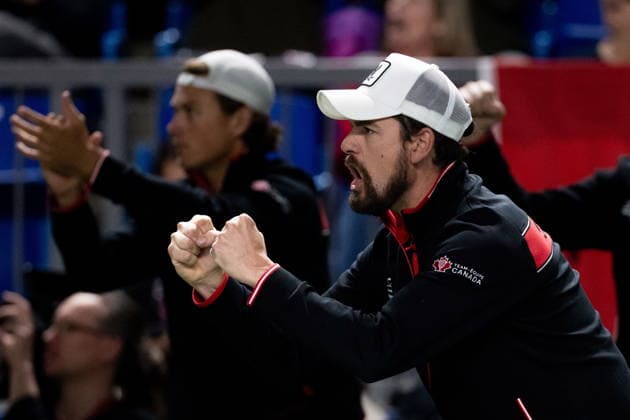February 7, 2026, Vancouver, Bc, CANADA: Canada s captain Frank Dancevic celebrates after Gabriel Diallo wins a point against Brazil s Matheus Pucinelli de Almeida during the third set of a Davis Cup Qualifiers tennis singles match in Vancouver, on Saturday, Feb. 7, 2026. Canada News - February 7, 2026  - ZUMAc35_ 20260207_zaf_c35_264 Copyright: xEthanxCairnsx