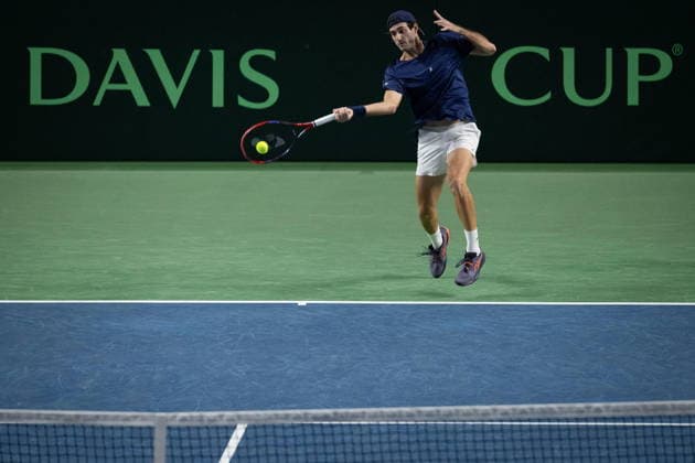 February 7, 2026, Vancouver, Bc, CANADA: Brazil s Gustavo Heide returns to Canada s Liam Draxl during the first set of a Davis Cup Qualifiers tennis singles match in Vancouver, on Saturday, Feb. 7, 2026. Canada News - February 7, 2026  - ZUMAc35_ 20260207_zaf_c35_273 Copyright: xEthanxCairnsx