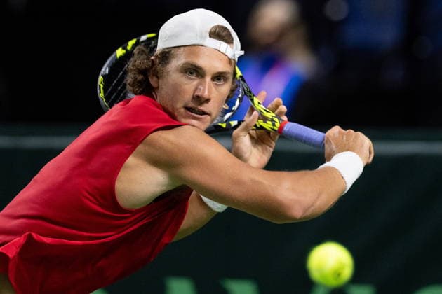 February 7, 2026, Vancouver, Bc, CANADA: Canada s Liam Draxl returns to Brazil s Gustavo Heide during the first set of a Davis Cup Qualifiers tennis singles match in Vancouver, on Saturday, Feb. 7, 2026. Canada News - February 7, 2026  - ZUMAc35_ 20260207_zaf_c35_280 Copyright: xEthanxCairnsx